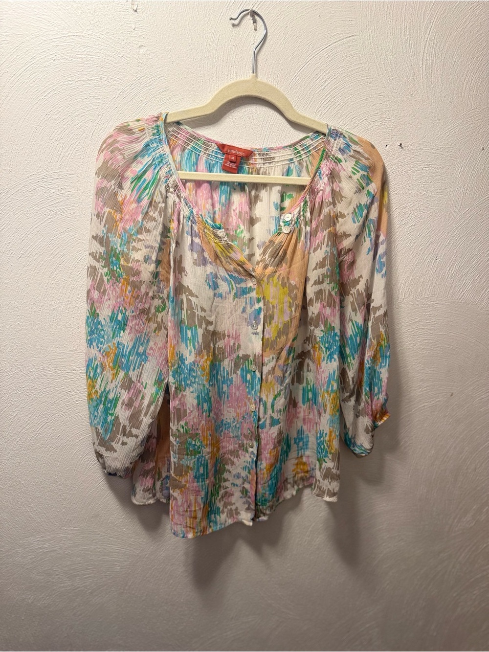 Sundance 100% Silk Blue Pink Peach Sheer Abstract Watercolor Boho Blouse Size M - Picture 2 of 6